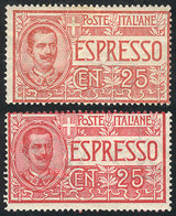 ITALY: Yvert 1, 1903 25c., 2 Examples In VERY DIFFERENT SHADES: Red And Rose Red, VF Quality! - Andere & Zonder Classificatie