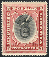 LIBERIA: Sc.49a, 1892/6 $5 With CENTER INVERTED Variety, Mint Lightly Hinged, Excellent Quality, Rare! - Liberia