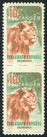 SPANISH MOROCCO: 10c. Stamp For Telegraph (lion), Pair With Variety: IMPERFORATE HORIZONTALLY, MNH, VF Quality! - Maroc (1956-...)
