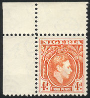 NIGERIA: Sc.59, 1938/51 4p. Orange, MNH, Sheet Corner, Superb! - Nigeria (1961-...)