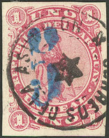 PARAGUAY: Sc.5F, 1878 5c. On 1R., Vertical Blue Overprint, Large Figure, Used, VF Quality! - Paraguay