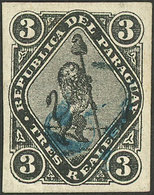 PARAGUAY: Sc.9, 1878 5c. On 3R. Black, Horizontal Blue Overprint (small Figure), Used, Excellent Quality, Rare! - Paraguay