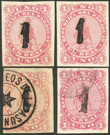 PARAGUAY: Sc.19, 1884 1c. On 1R. Rose, 2 Examples Mint With Gum And 2 Used, Very Fine Quality - Paraguay