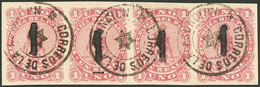 PARAGUAY: Sc.19, 1884 1c. On 1R. Rose, Beautiful Strip Of 4 Used In Asunción, Superb, Rare! - Paraguay