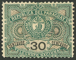 PARAGUAY: Yvert 3, 1892 30c. Green And Bistre, Mint Without Gum, VF And Rare! - Paraguay