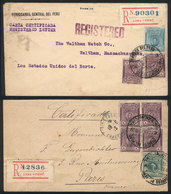 PERU: 22c. Rates For Registered Letters Sent Abroad Via Panama Canal: 2 Covers Sent In 1912 To USA And France With 22c.  - Perú