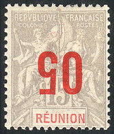 REUNION: "Yvert 73a, 1912 "05" On 15c. With INVERTED Overprint Variety, Very Fine Quality, With Guarantee Mark On Back O - Autres & Non Classés