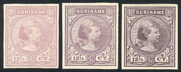 SURINAME: Sc.26, 1892/3 Queen Wilhelmina 12½c., 3 TRIAL COLOR PROOFS (different Colors), Imperforate, Excellent Quality, - Suriname