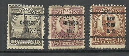 USA 1923/31 Pre-cancels, 3 Exemplares With Perfin - Precancels
