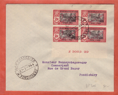 INDE FRANCE LIBRE N°206 AVEC VARIETES" PRANCE ET FRANOE" LETTRE DE 1944 DE PONDICHERY - Lettres & Documents