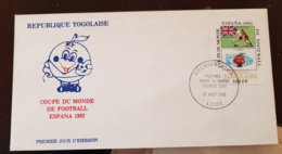 TOGO Football. ESPANA 82. Yvert N°1052 NON DENTELE (imperf) Sur 1 Enveloppe 1er Jour FDC Cachet LOME - 1982 – Spain