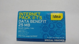 India-idea-internet Pack-(36b)-(25mb)-(938229390886208)-(bangalore)-(11/2013)-card Used+1 Card Prepiad Free - Indien