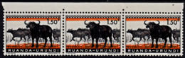 C0113 RUANDA - URUNDI 1959, SG 208 Buffalo, MNH Marginal Strip Of 3 - Nuovi