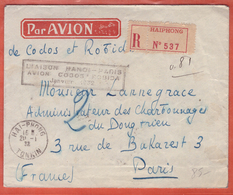 INDOCHINE LETTRE RECOMMANDEE PAR AVION CODOS ET ROBILLA DE 1932 DE HAIPHONG POUR PARIS FRANCE - Lettres & Documents