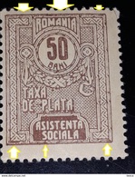 Error Revenue Stamps ROMANIA 1920  Taxa De Plata, Asistenta Soviala 50 Bani, .MNH - Ongebruikt