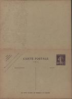 Entier CP Semeuse Camée 40ct Violette 68m Ecart CP Et Note Neuve Adhérence Dos Réponse Storch Q8 P173 Cote 70 € - Standard Postcards & Stamped On Demand (before 1995)