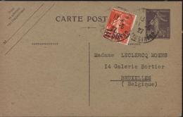 Entier CP Semeuse Camée 40c Violette 137x88 Papier Gris Vert Date 647 Pr Belgique YT 225 Repiquage Librairie Flammarion - Overprinter Postcards (before 1995)