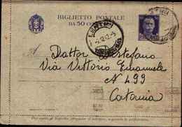 71202) BIGLIETTO POSTALE DA 50 C. IMPERIALE INTEGRO-DA LENTINI A CATANIA IL -7-12-42 - Entero Postal