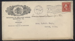 USA 1911 2c Washington Register Of The Land Office CC Cover To Ohio - Other & Unclassified