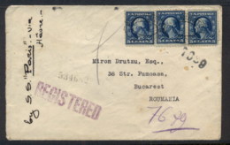 USA 1923 3x 5c Washington On Registered Cover To Romania, Seal & Backstamps - Altri & Non Classificati