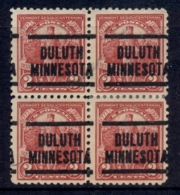 USA 1927 Sc#643 Vermont Sesquicentennial, Precancel Duluth Minnesota Blk4 FU - Voorafgestempeld