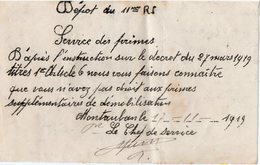 VP13.634 - MILITARIA -  MONTAUBAN 1919 - Document Du Dépot Du 11 ème Rgt D'Infanterie - Documenten