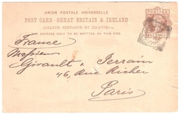 CHARING CROSS WC 1 Penny 1887 To PARIS - Stamped Stationery, Airletters & Aerogrammes