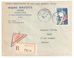 PAU Basses Pyrénées Entête Savoye Lettre Contre Remboursement Recommandée Yv 973 50F Joaillerie Ob 21 9 1955 Etiquettes - Covers & Documents