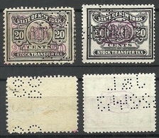 USA State Of New York Stock Transfer Tax 20 Cents, 2 Different Types /color Varieties, Used - Steuermarken