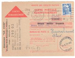 PARIS 88 St Martin Mandat Carte Contre Remboursement Gandon 12 F Bleu Yv 812 Henrichemont Cher Horoplan Lautier A5 Cuir - Cartas & Documentos