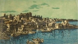 Görög Rezső (1930- ):Mediterrán Falu. Színes Rézkarc, Papír, Jelzett, üvegezett Fa Keretben, 39×71 Cm - Other & Unclassified