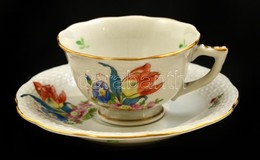 Herendi Virágmintás Porcelán Mokkás Csésze + Alj, Kézzel Festett, Jelzett, Hibátlan, D: 7 és 11,5 Cm - Altri & Non Classificati