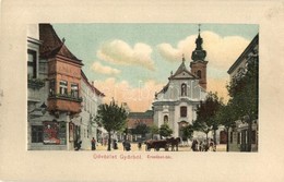 T2/T3 1911 Győr, Erzsébet Tér, Templom, Treitner Ferenc üzlete, Reklám Poszterek. Kiadja Polgár Bertalan (EK) - Ohne Zuordnung