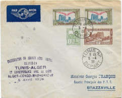 TUNISIE - 1938 - POSTE AERIENNE - ENVELOPPE SERVICE AEROPOSTAL QUOTIDIEN De TUNIS - ALGER - CONGO - MADAG => BRAZZAVILLE - Storia Postale