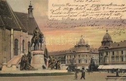 T2 1904 Kolozsvár, Cluj; Mátyás Király Tér A Szoborral, üzletek / Mathias Rex Statue, Shops - Ohne Zuordnung