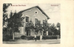 T2/T3 1913 Újpázova, Neu-Pazua, Nova Pazova; Bahnhof, Bahnstation / Vasútállomás, Létra, Vasutasok / Railway Station, La - Ohne Zuordnung