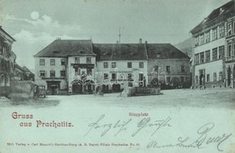 T2 1899 Prachatice, Prachatitz; Ringplatz, Gasthaus Zum Rothen Kreuz, Cafe Restaurant Habsburg / Square, Guest House, Sh - Non Classés