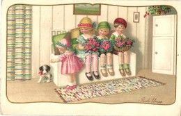 T2 Children With Dog And Flowers, Art Postcard, S: Pauli Ebner - Unclassified