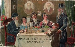 * T3 Judaica Greeting Art Postcard With Rabbis And Hebrew Text. Golden Decorated Litho (crease) - Unclassified