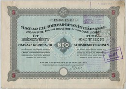 Budapest 1923. 'Magyar Czukoripar Részvénytársaság' 5 Részvénye Egyenként 600K-ról, Szelvényekkel, Szárazpecséttel és Bé - Unclassified