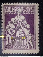 ROMANIA 1921  Social Assistance  1 Leu Lila, Spot Colour At Frame Left  At Box 1LEU,Error Revenue Stamps, - Abarten Und Kuriositäten