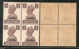 India CHAMBA State KG VI 4As Postage Stamp SG 116 / Sc 97 BLK/4 Cat �80 MNH - Chamba