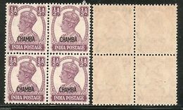 India CHAMBA State KG VI �An Postage Stamp SG 109 / Sc 90 1v In BLK/4 MNH - Chamba