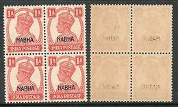 India Nabha State 1An KG VI Postage Stamp SG 108 / Sc 103 BLK/4 MNH - Nabha