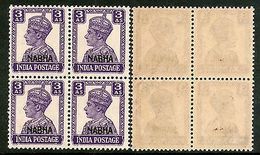 India Nabha State 3As KG VI Postage Stamp SG 112 / Sc 107 Blk/4 Cat. �24 MNH - Nabha