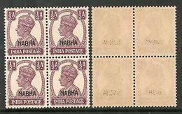 India Nabha State �An KG VI Postage Stamp SG 106 / Sc 101 BLK/4 Cat. �12 MNH - Nabha