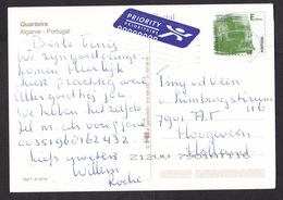 Portugal: Picture Postcard To Netherlands 2002, 1 Stamp, Bus, Transport, Curiosity: Dutch Priority Label (traces Of Use) - Lettres & Documents