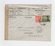 Le Caire Enveloppe Par Avion Vers France Deux Timbres 1944 46  Oblitérés. Censuré: Bande Et Cachet De Censure. (876) - Brieven En Documenten