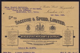 LONDON - SACCONE & SPEED - WINE CIGARS CIGARETTES - LETTER INVOICE FAKTURA 1923 (see Sales Conditions) - United Kingdom