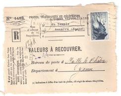Valeur à Recouvrer 1488 20 F Pointe Du Raz Yv 764 Tf 8 7 47 Ob AUXERRE Yonne Dest Mailly Chateau Recommandé Provisoire - Cartas & Documentos